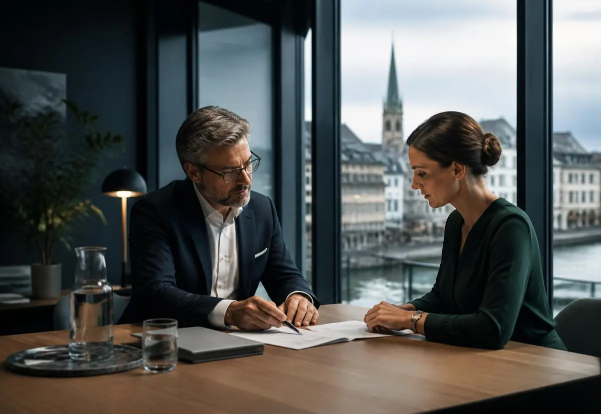 Kundenberatung zu einer Kreditanfrage in einem modernen Schweizer Finanzbüro