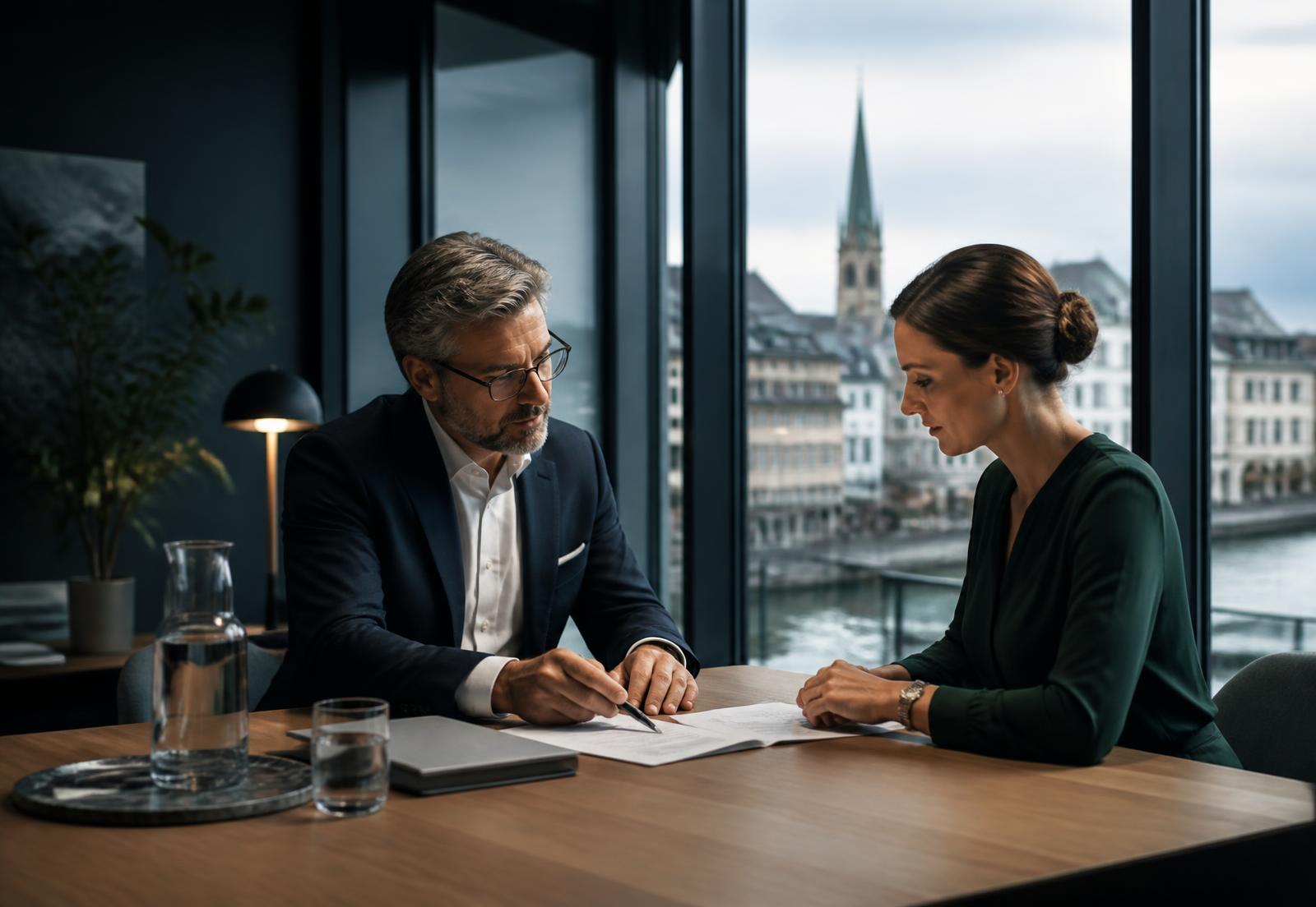 Kundenberatung zu einer Kreditanfrage in einem modernen Schweizer Finanzbüro